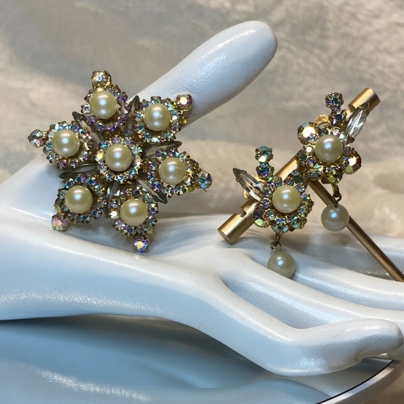 VINTAGE JULIANA D&E AB RHINESTONE FAUX PEARL STAR BROOCH PIN & EARRING SET #786 - Picture 4 of 16